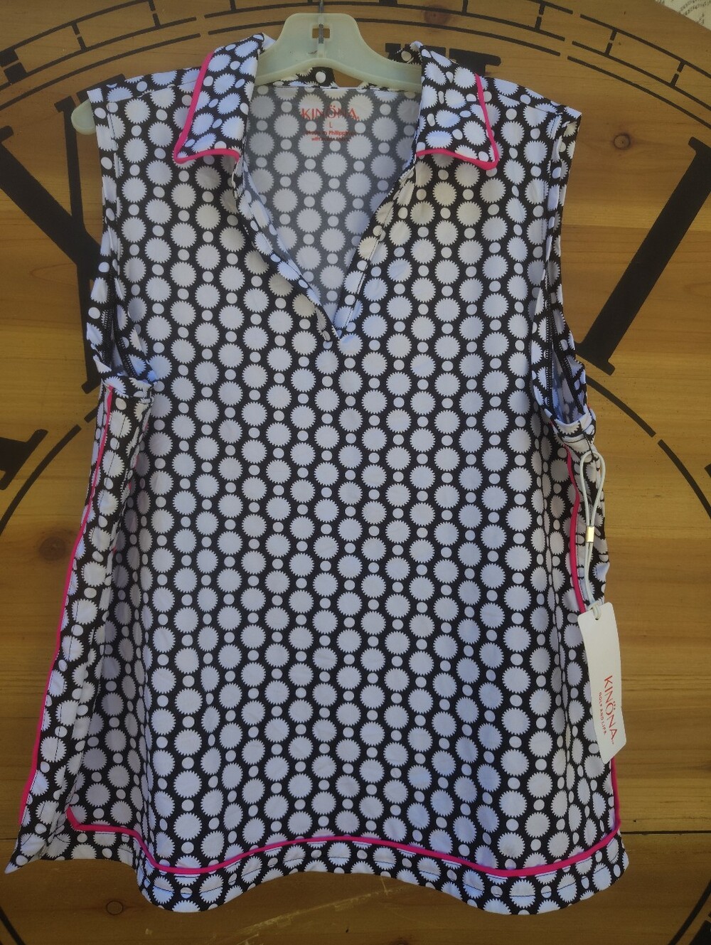 Kinona Black & White Polka Dot Sleeveless Polo with Pink Trim
